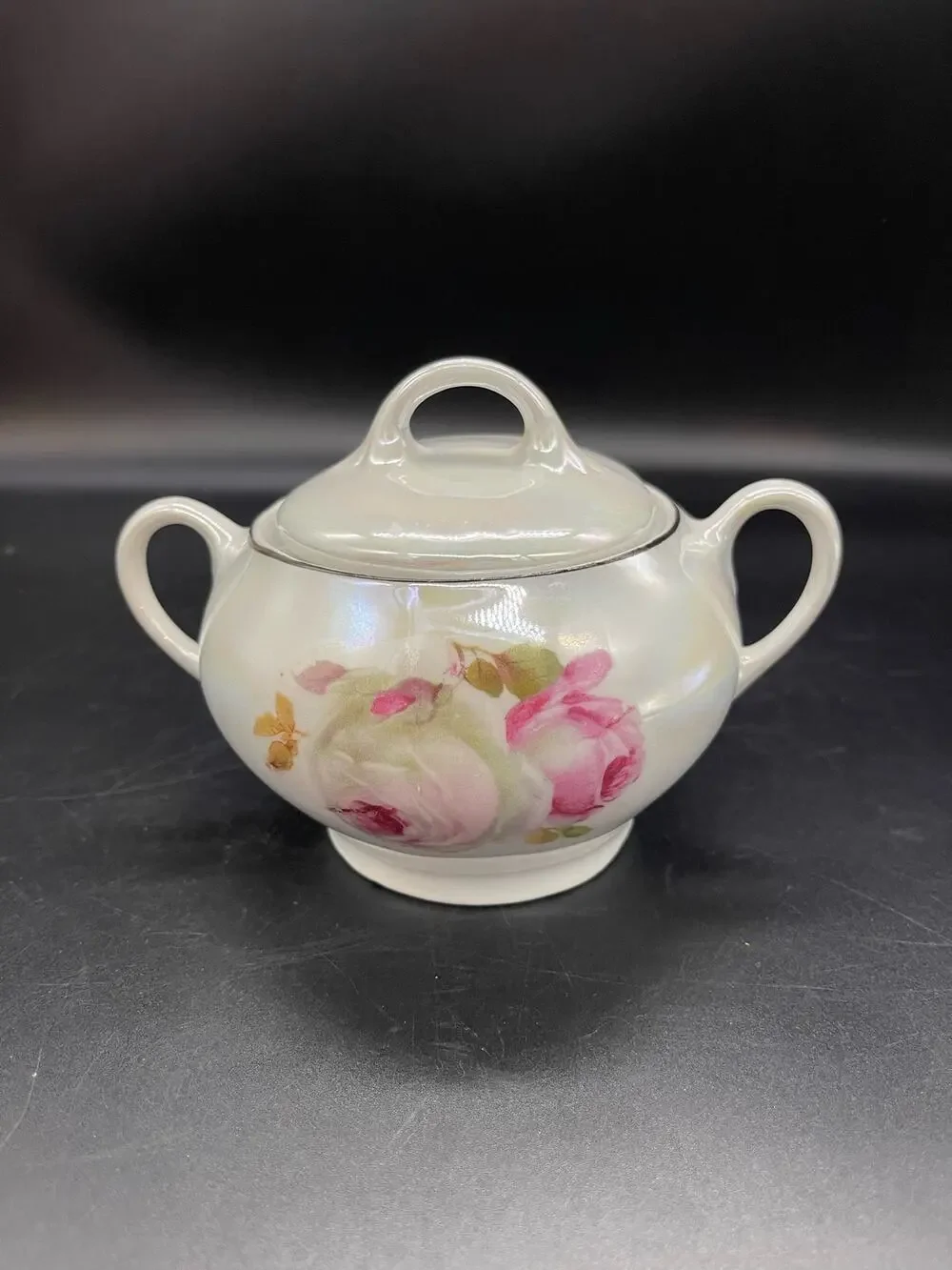 Vintage Iridescent German Sugar Bowl w/ Lid Floral Design Made in Germany